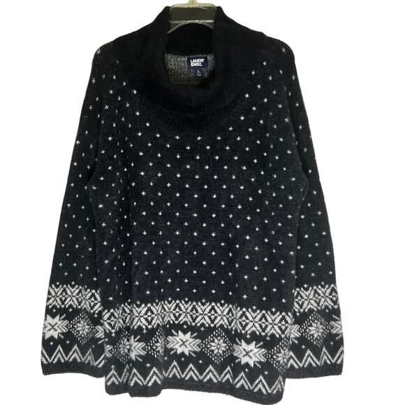 Lands' End Fair Isle Cowl Neck Pullover Sweater Women's L (14-16) Black / White - Picture 2 of 8